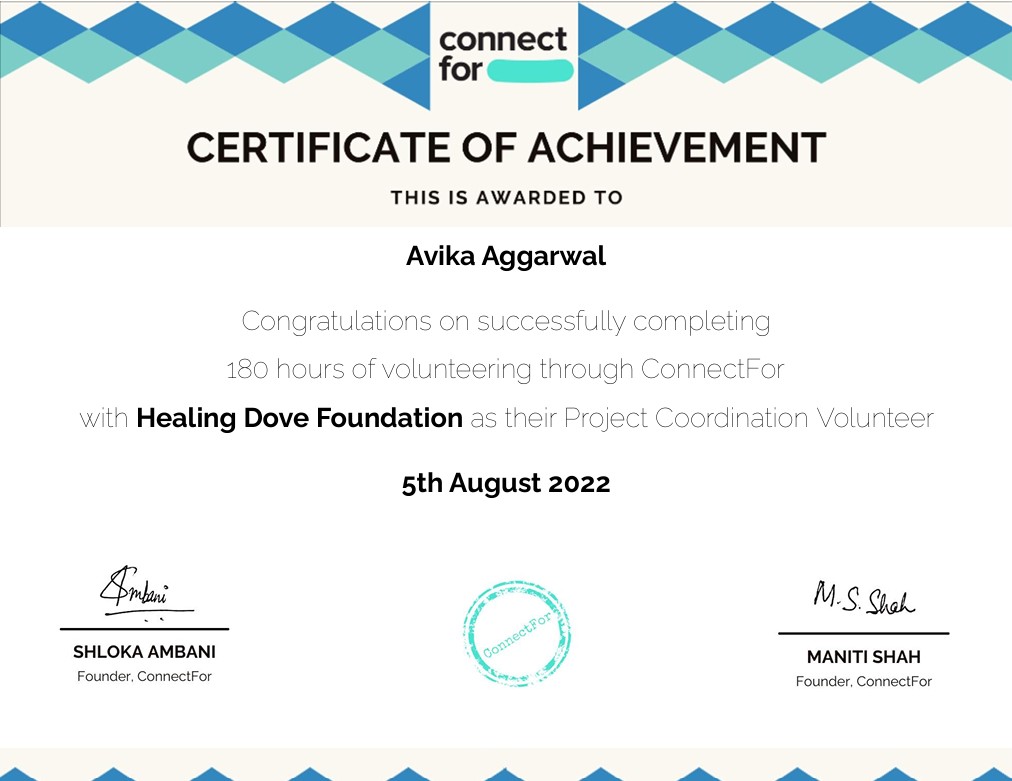 Connect4 certificate for 180+ volunteer hours