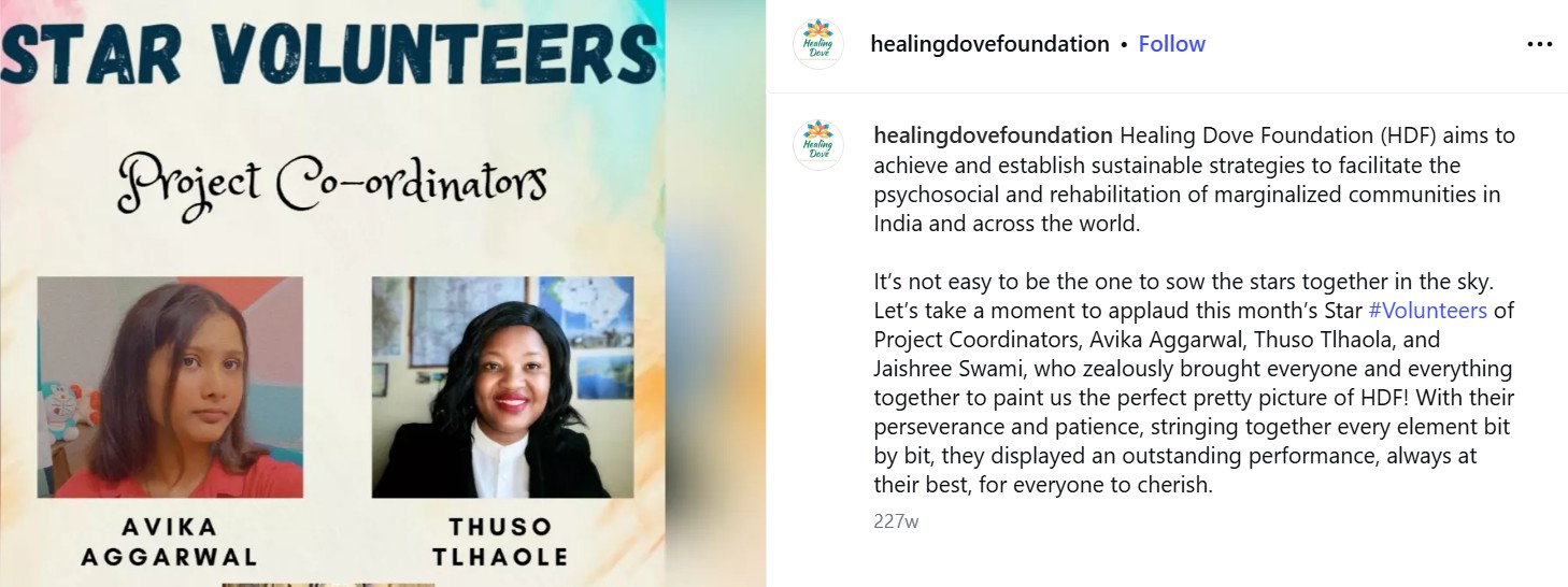 Star Volunteer award (Instagram post)